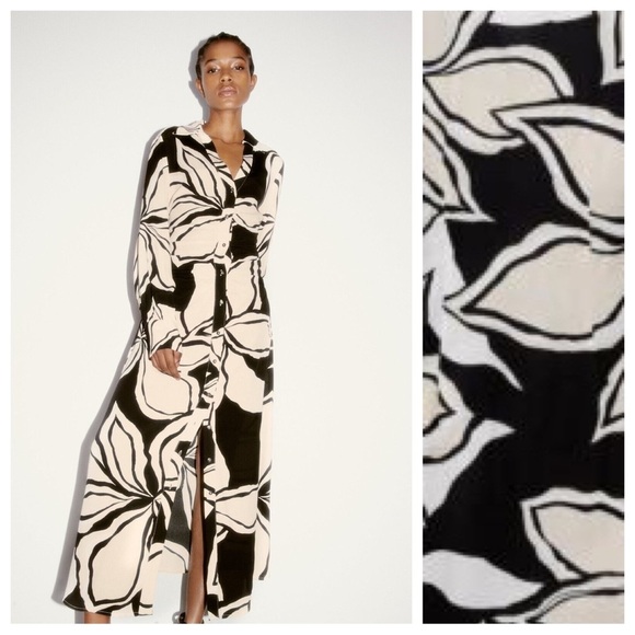 NWT.  Zara Black/Ecru Floral Print Shirt Midi Dress. Size XS. - Picture 1 of 10